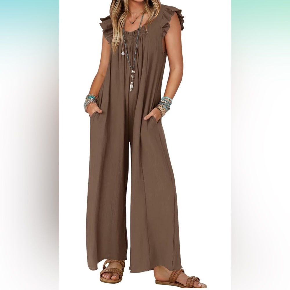 Loose Jumpsuit V Neck Sleeveless Oversized Wide Leg Pant Romper with Pockets